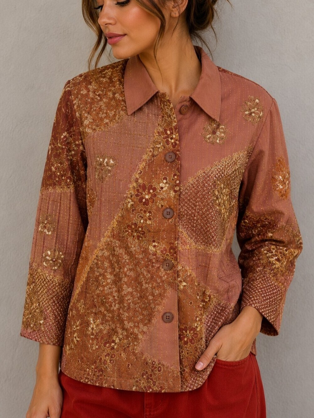 VTG INDIGO MOON Kantha Gold Sequin Embroidered Lace Blush Shacket Blazer